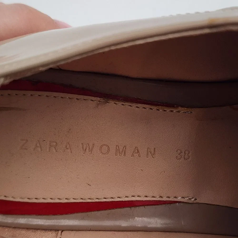 Zara Oxford Shoes Women's 38 / 7.5 Tan Nude Patent Leather  Platform‎ Lace